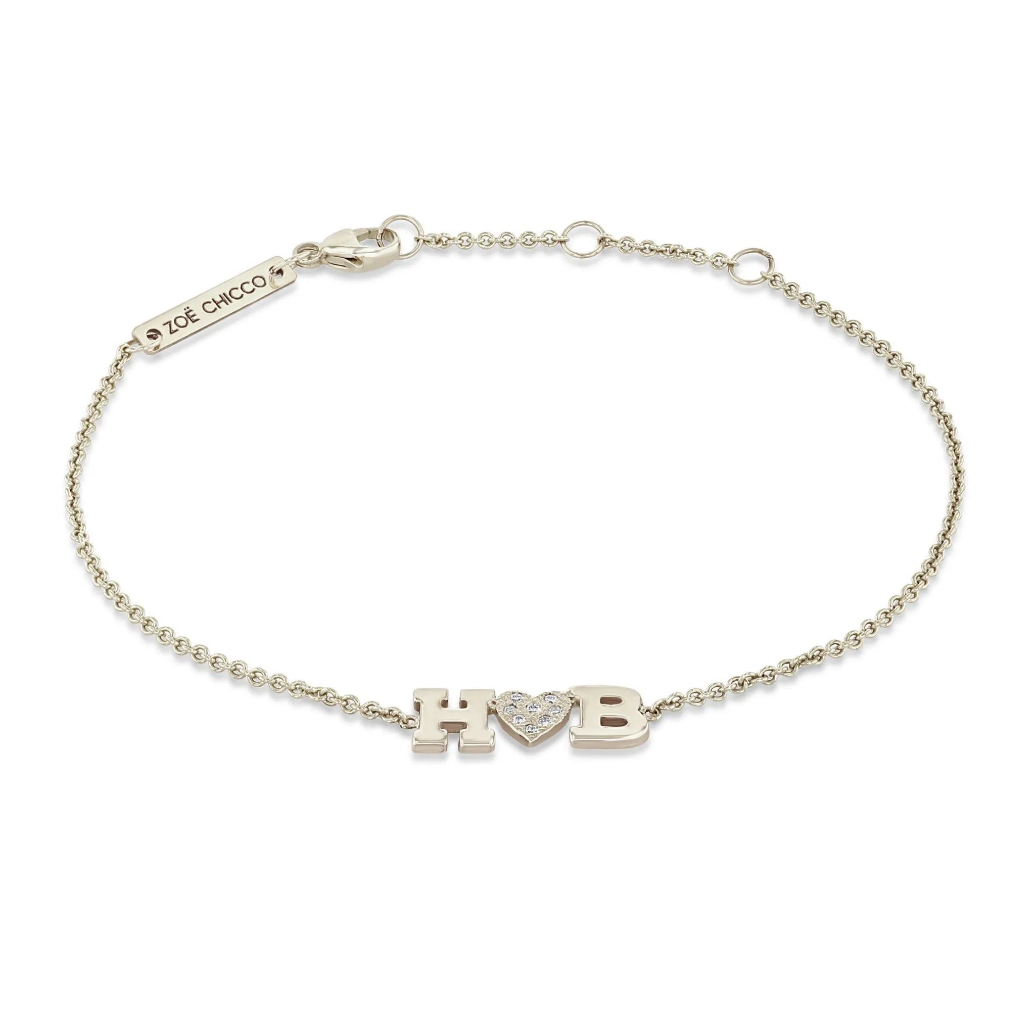 14k 2 Initial Letter with Pavé Diamond Heart Bracelet