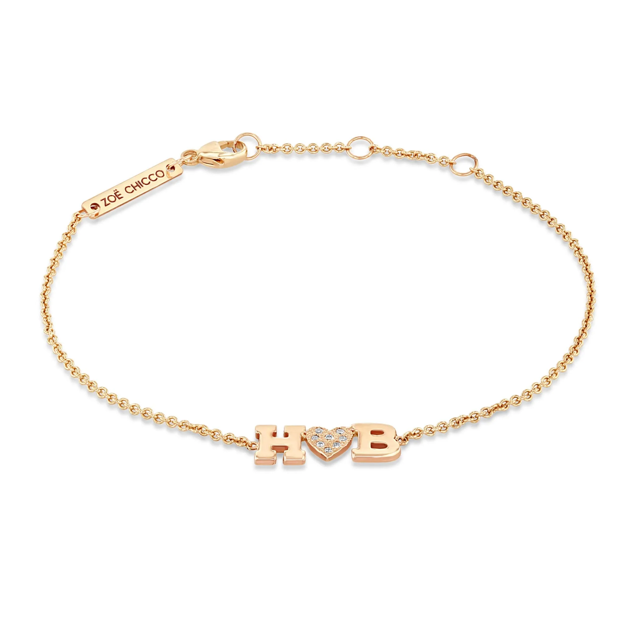 14k 2 Initial Letter with Pavé Diamond Heart Bracelet