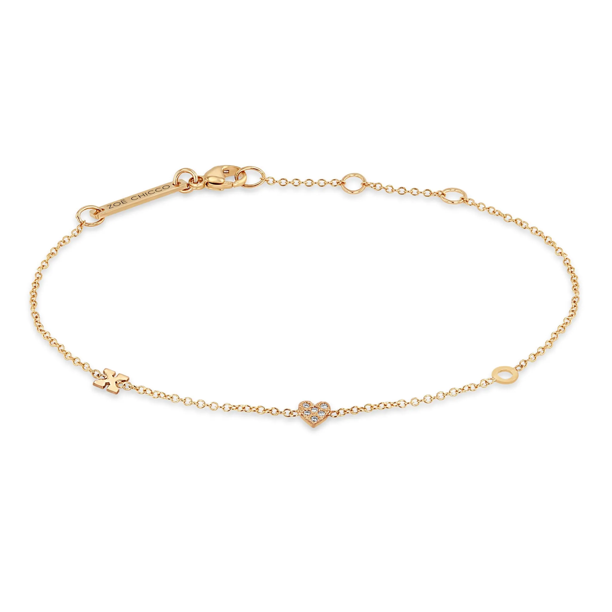 14k 2 Itty Bitty Initial Letter & Pavé Diamond Heart Station Bracelet