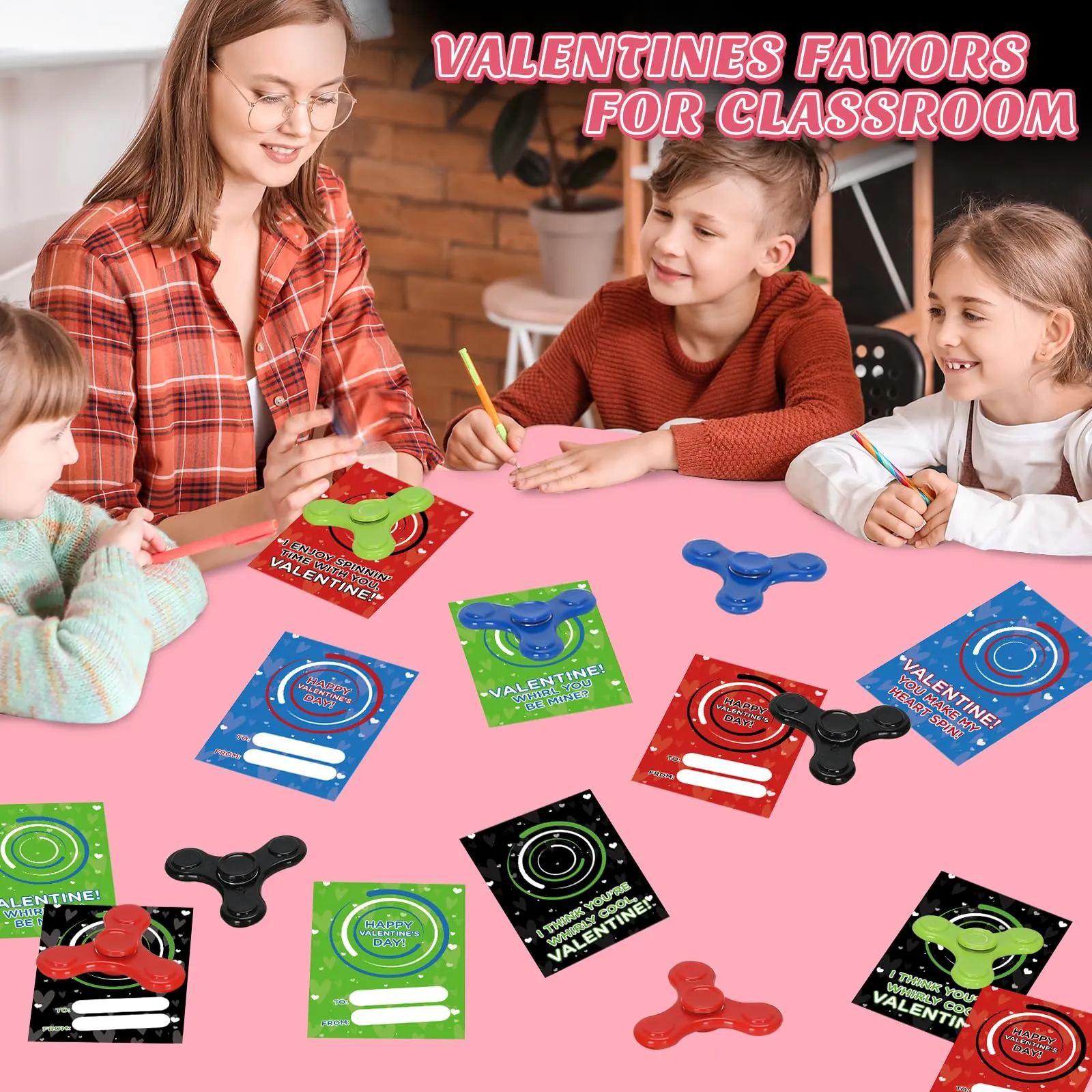 28 Packs Valentines Cards with Fidget Spinner for Kids, Stress Relief Hand Finger Spinner Fidget Toy for Valentine's Classroom Exchange, Valentine's Party Favors, Party Game Prizes