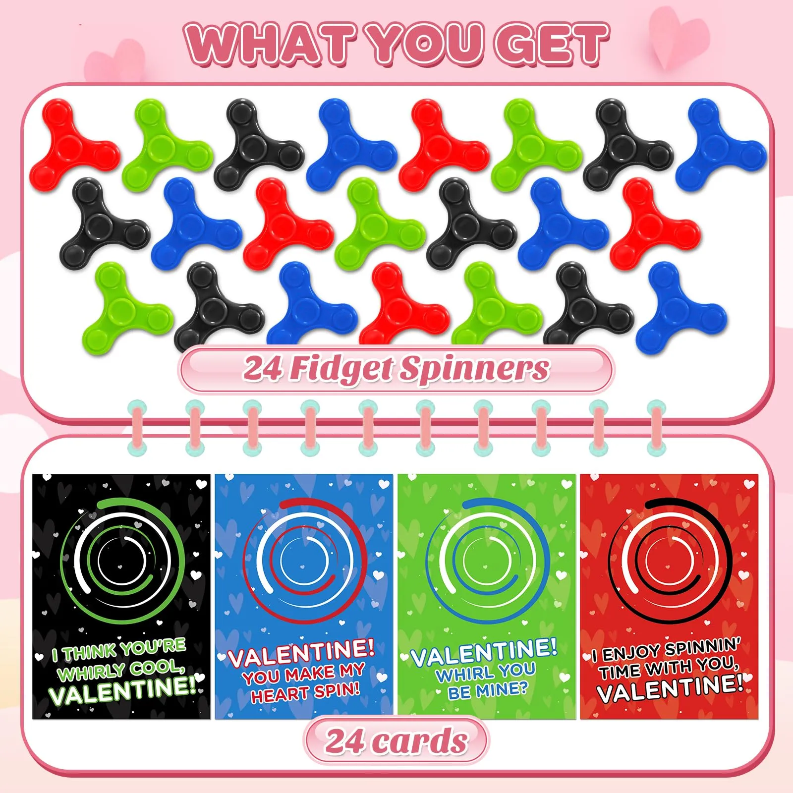 28 Packs Valentines Cards with Fidget Spinner for Kids, Stress Relief Hand Finger Spinner Fidget Toy for Valentine's Classroom Exchange, Valentine's Party Favors, Party Game Prizes