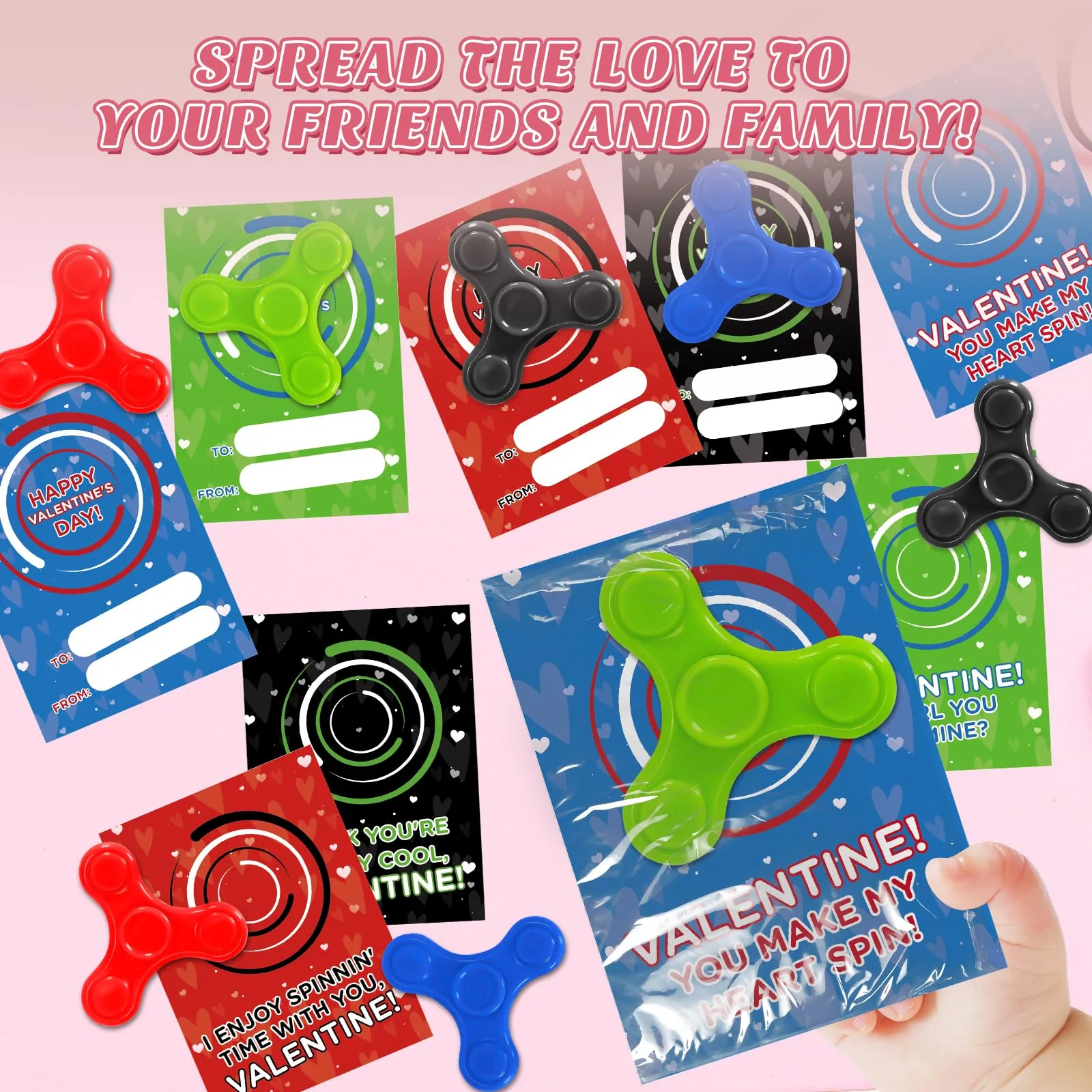 28 Packs Valentines Cards with Fidget Spinner for Kids, Stress Relief Hand Finger Spinner Fidget Toy for Valentine's Classroom Exchange, Valentine's Party Favors, Party Game Prizes