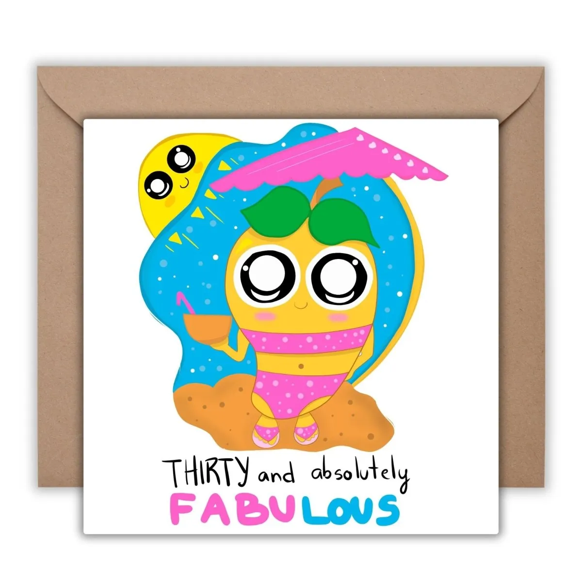 30th Fabulous Birthday Card - Kawaii Greetings Card with Custom Message, Cute Gift Thirty Birthday Queen, Mango Cartoon Postcard