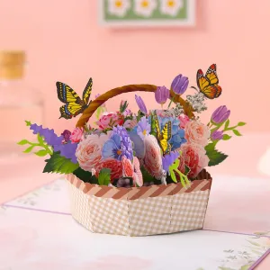 Butterfly & Flowers Basket 3D Handmade Pop Up Greeting Card: Perfect for Thinking of You, Congrats, Happy Wedding, Mother day Birthday Thank