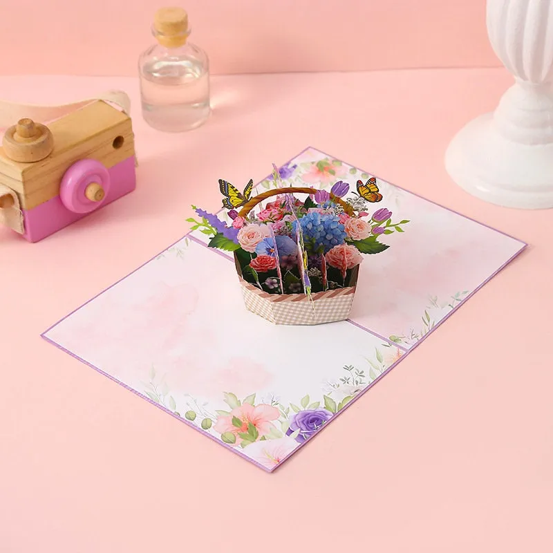 Butterfly & Flowers Basket 3D Handmade Pop Up Greeting Card: Perfect for Thinking of You, Congrats, Happy Wedding, Mother day Birthday Thank