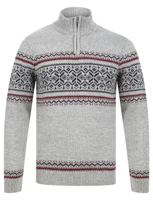 Elderside Quarter Zip Fairisle Knit Funnel Neck Jumper in Grey Twist - Kensington Eastside