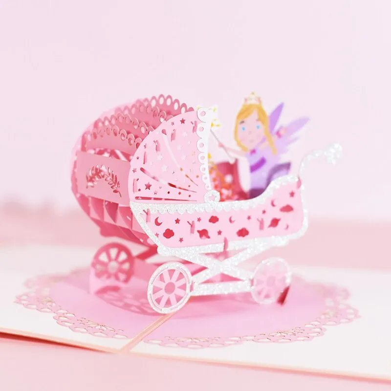 Handmade 3D Pop-up Newborn Baby Girl Baby Boy Carriage Greeting Card - Perfect for Congratulations New Born, or Birthday Thank You