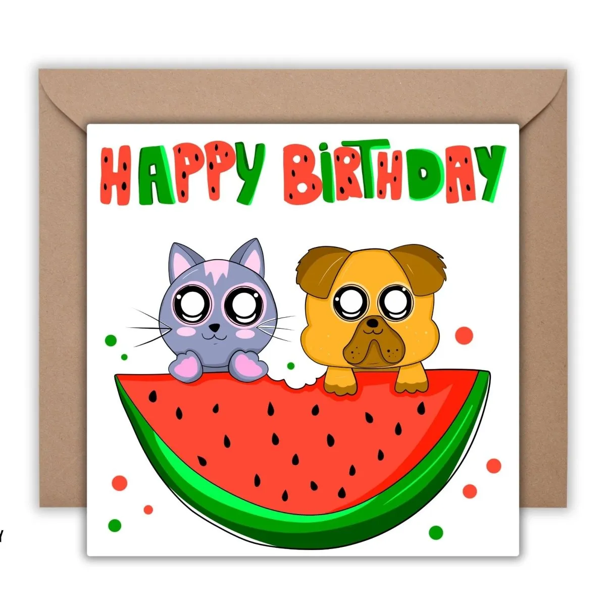 Happy Birthday Card, Greeting Card, Watermelon Card, Square Confetti Fruit Postcards, love funny cute punny