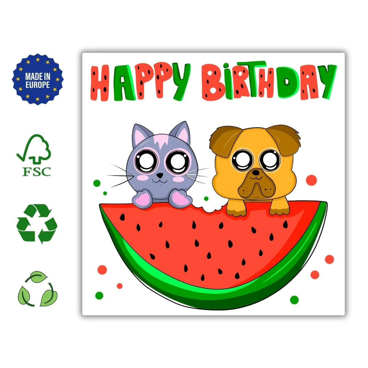 Happy Birthday Card, Greeting Card, Watermelon Card, Square Confetti Fruit Postcards, love funny cute punny