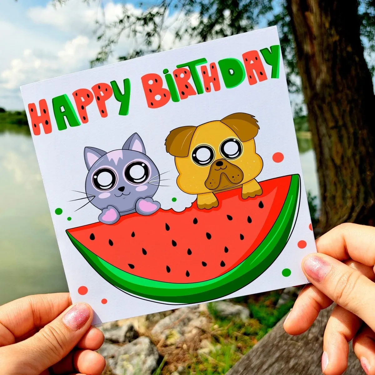 Happy Birthday Card, Greeting Card, Watermelon Card, Square Confetti Fruit Postcards, love funny cute punny