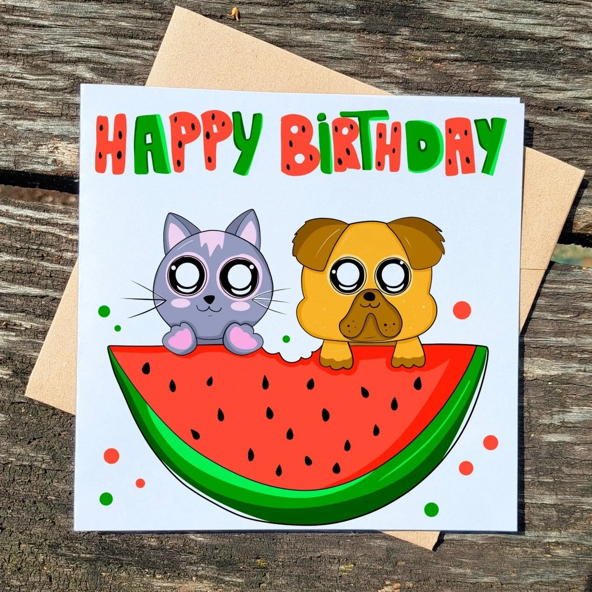 Happy Birthday Card, Greeting Card, Watermelon Card, Square Confetti Fruit Postcards, love funny cute punny