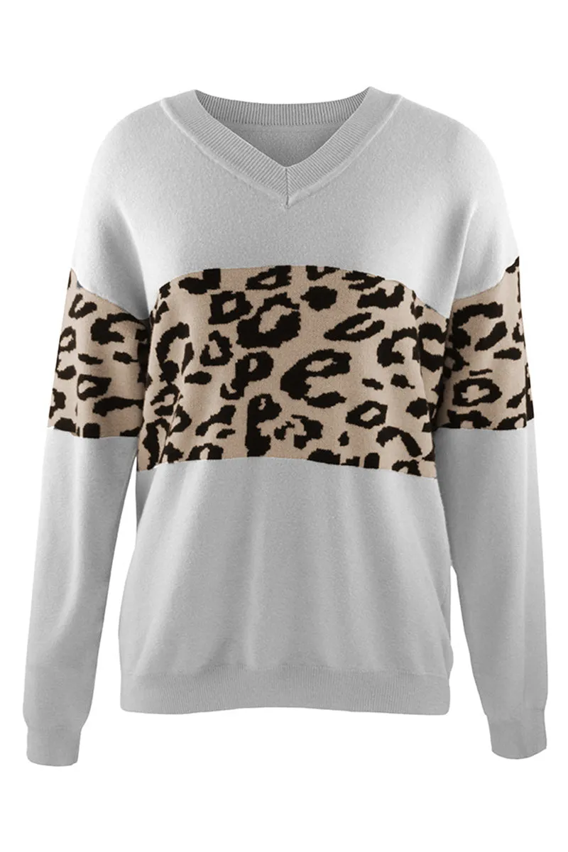 HWU1024 Off-Shoulder Leopard Print Colorblock Sweater