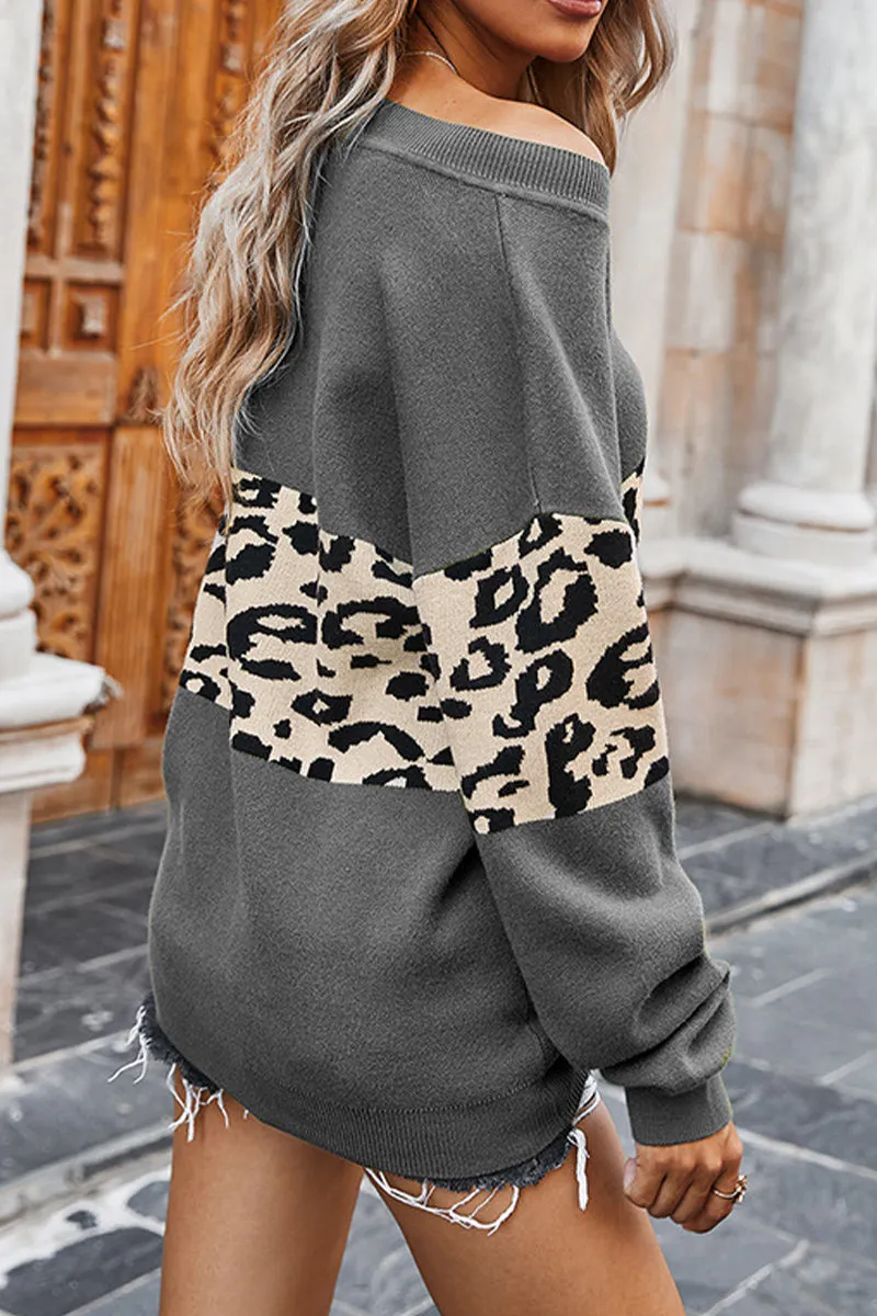 HWU1024 Off-Shoulder Leopard Print Colorblock Sweater