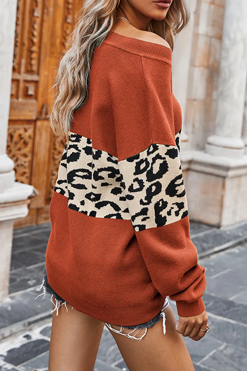 HWU1024 Off-Shoulder Leopard Print Colorblock Sweater