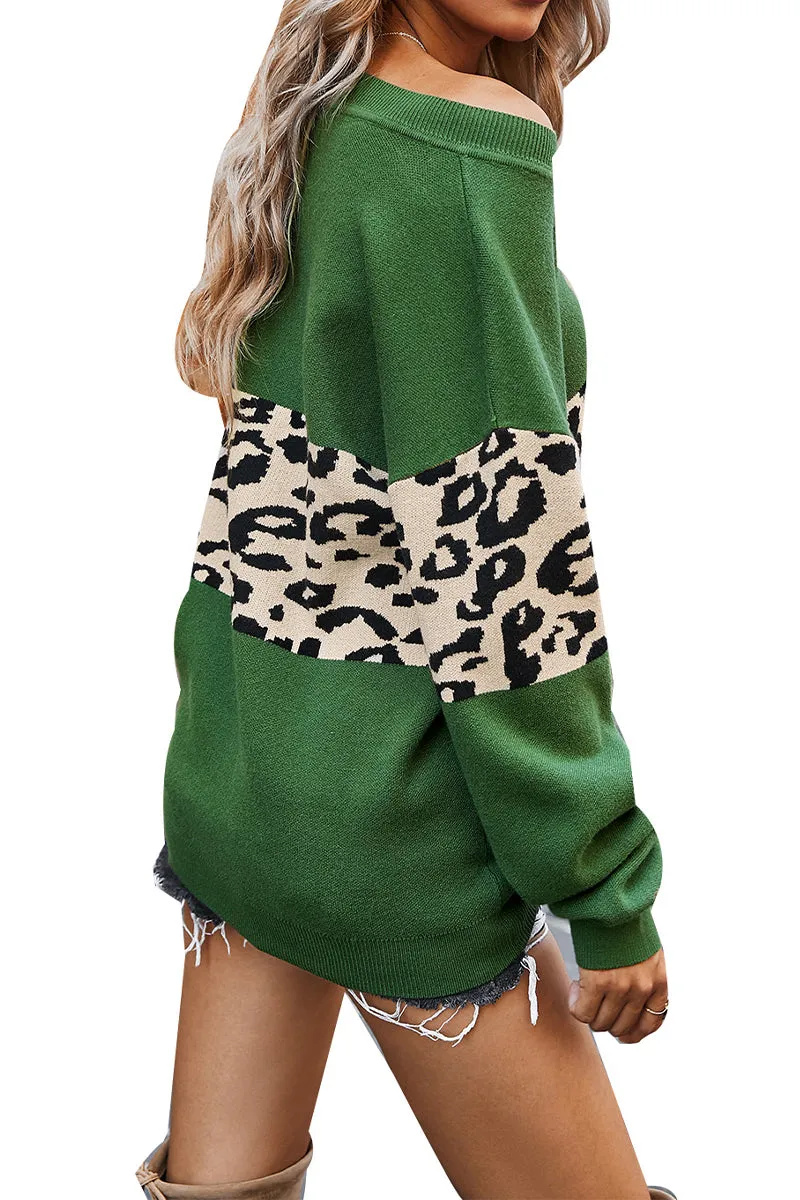 HWU1024 Off-Shoulder Leopard Print Colorblock Sweater