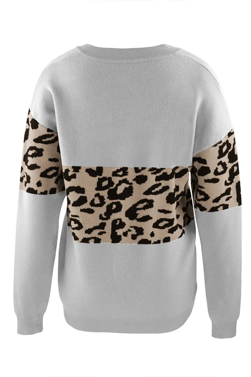 HWU1024 Off-Shoulder Leopard Print Colorblock Sweater