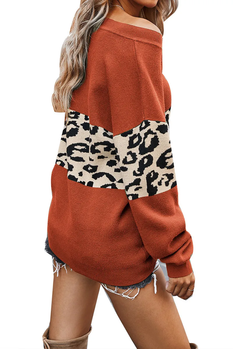 HWU1024 Off-Shoulder Leopard Print Colorblock Sweater