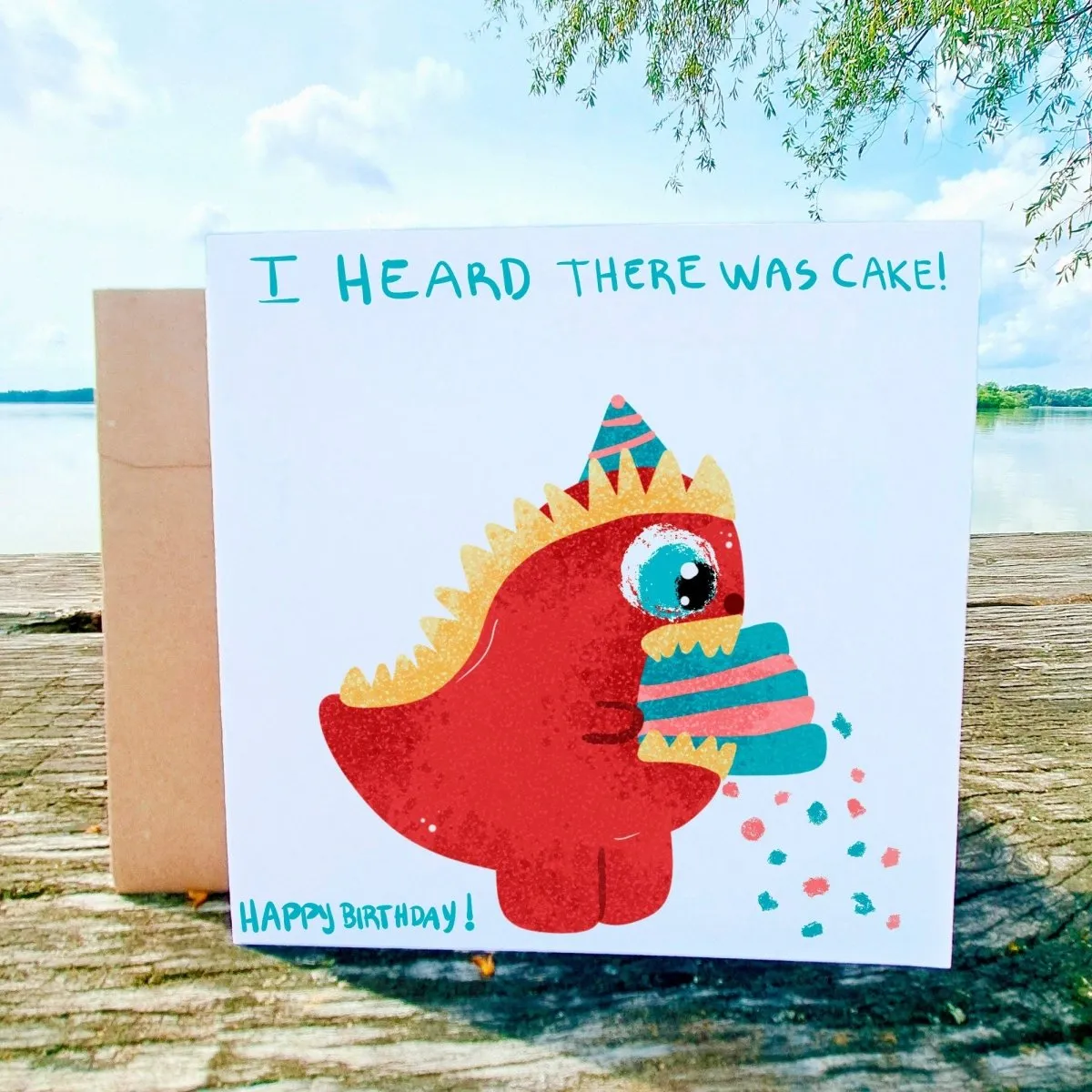 I heard there was Cake Card, Funny Dinosaur Birthday Cards, Cute Dino Greeting, Just Because, Cute Animal Gift Children, Printed Postcard