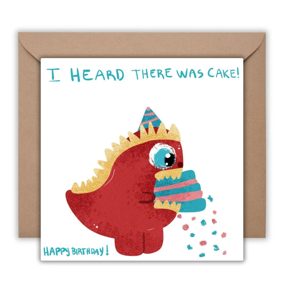 I heard there was Cake Card, Funny Dinosaur Birthday Cards, Cute Dino Greeting, Just Because, Cute Animal Gift Children, Printed Postcard