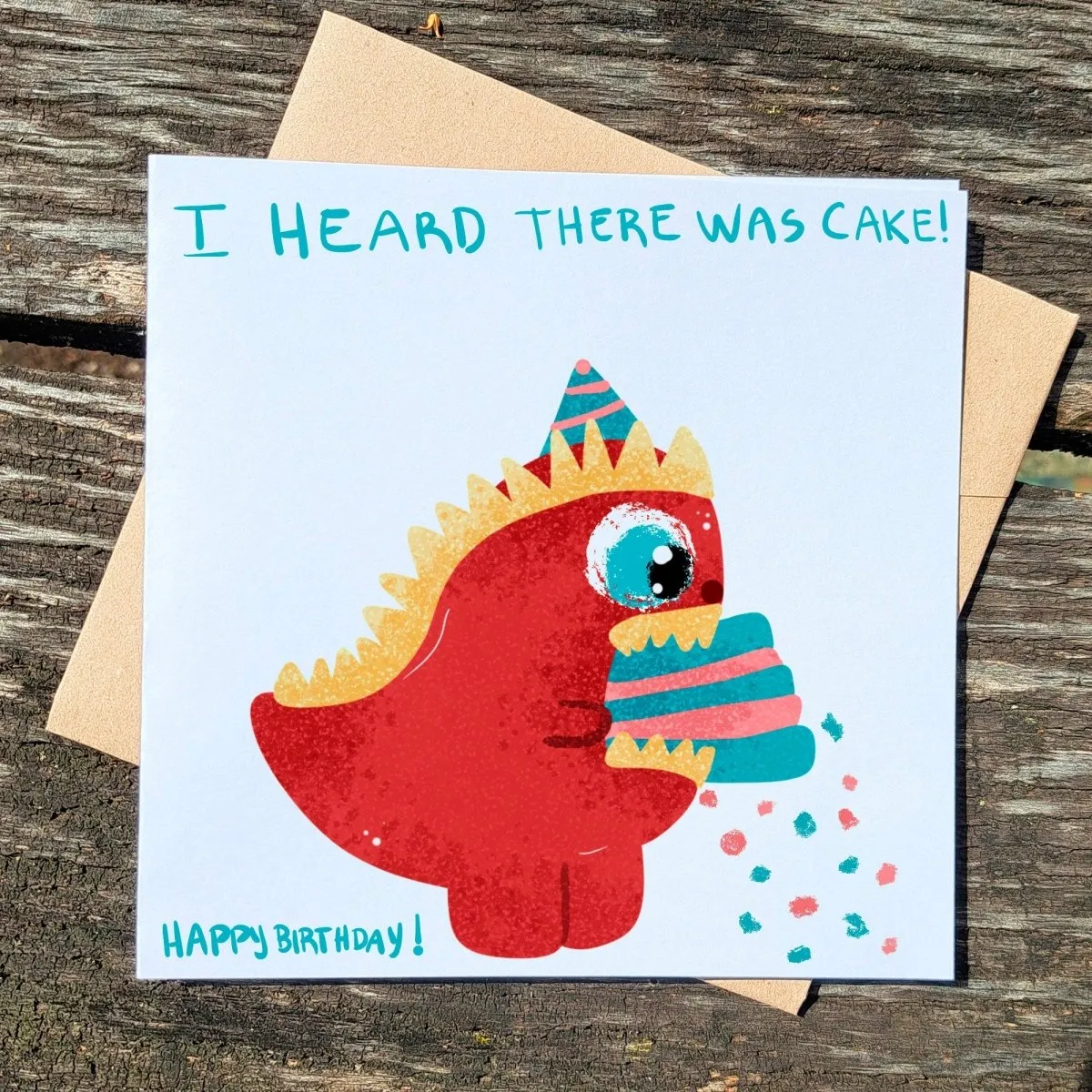 I heard there was Cake Card, Funny Dinosaur Birthday Cards, Cute Dino Greeting, Just Because, Cute Animal Gift Children, Printed Postcard