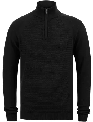 Karo Half Zip Textured Knit Cotton Jumper In Jet Black - Kensington Eastside