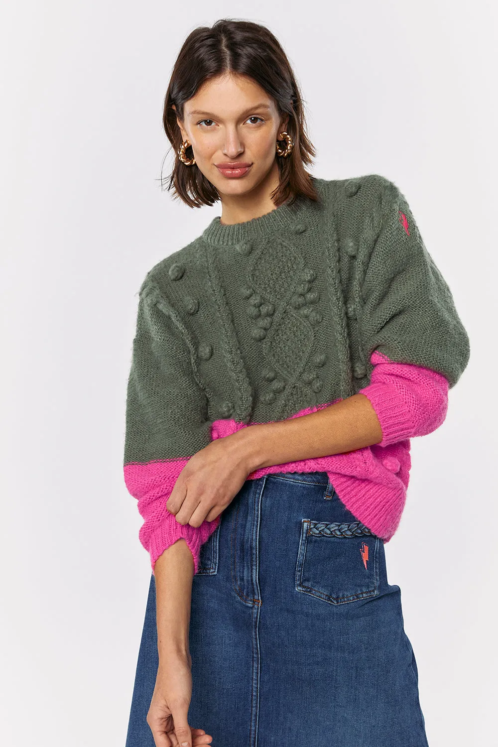 Khaki with Pink Cable Knit Jumper