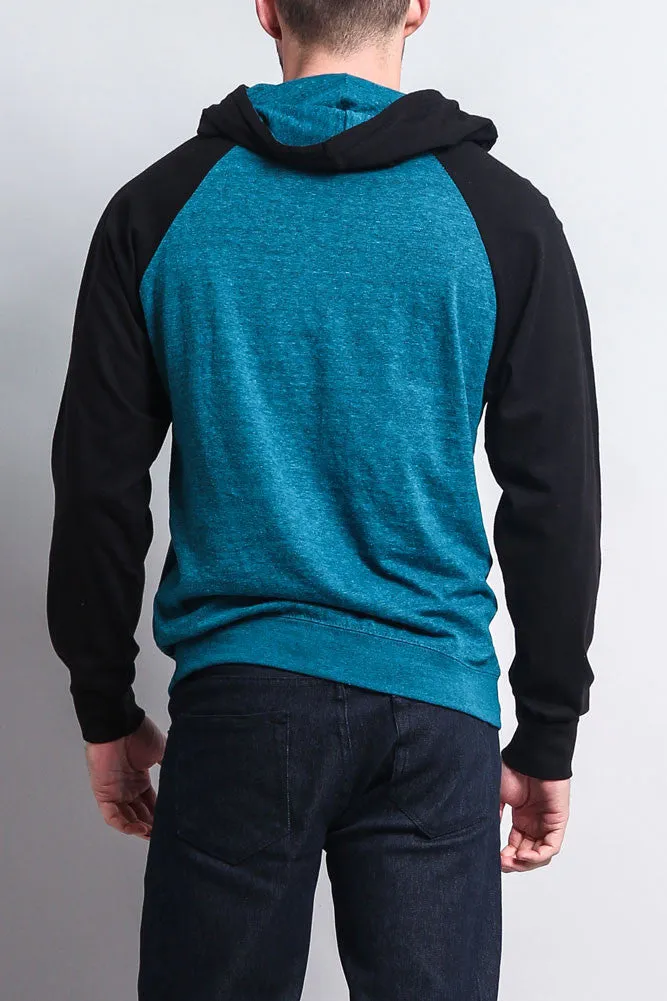 Lightweight Contrast Raglan Sleeve Pullover Hoodie