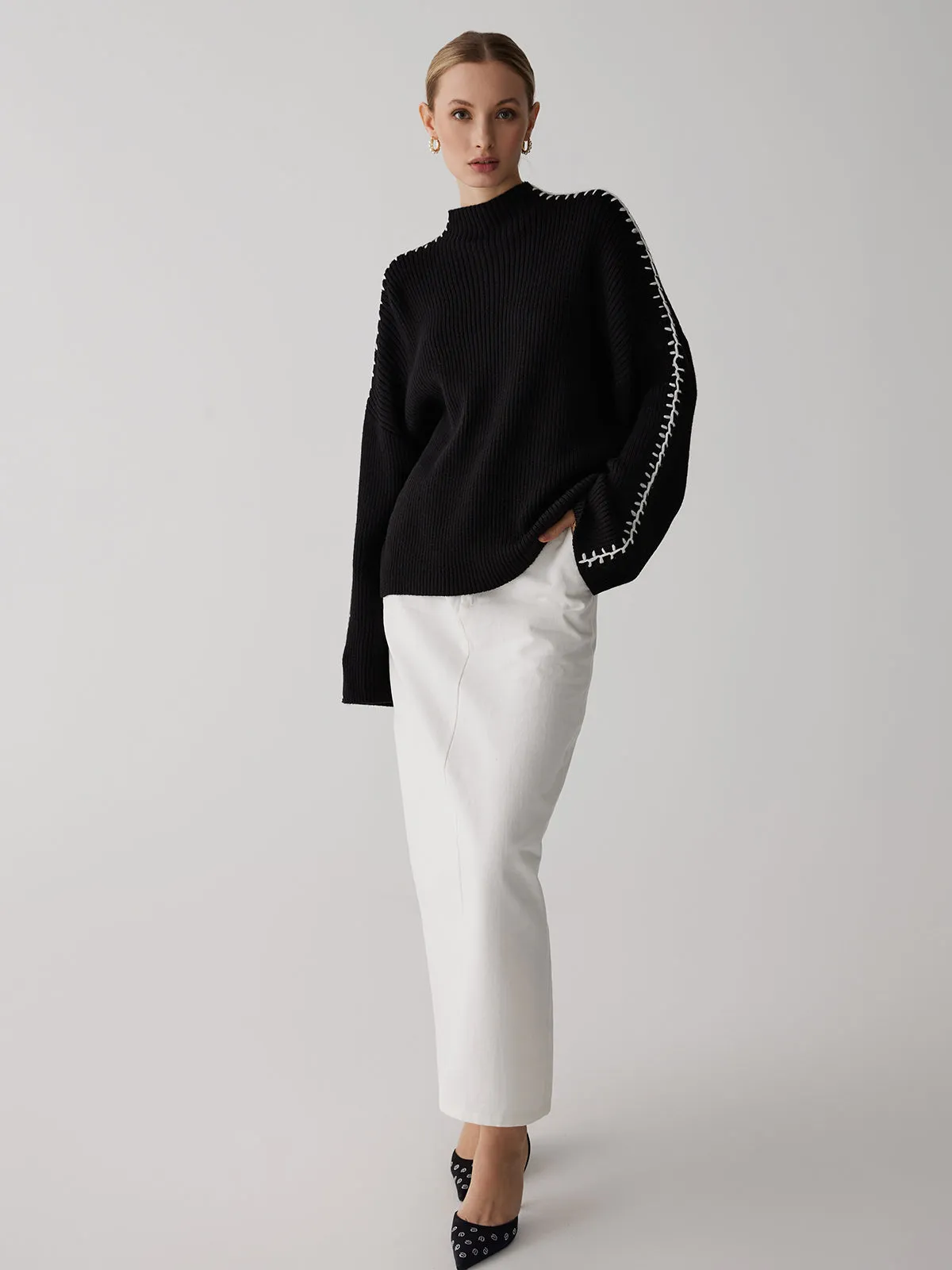 Mock Neck Graceful Contrast Knit Sweater