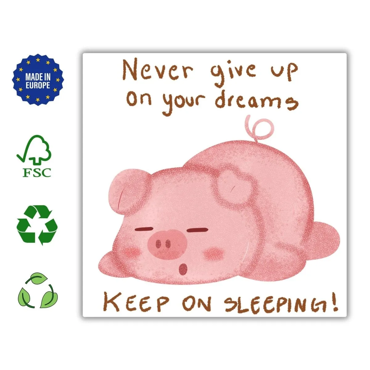 Never Give Up on Your Dreams Card, Funny Sleeping Pig Greeting, Motivational Cheer Up Card, Cute Illustrated Animal Humor Postcards