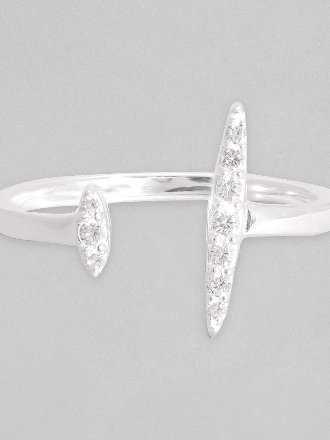 Rubans 925 Silver, Rhodium Plated Zircon Studded Minimal Open Ring.