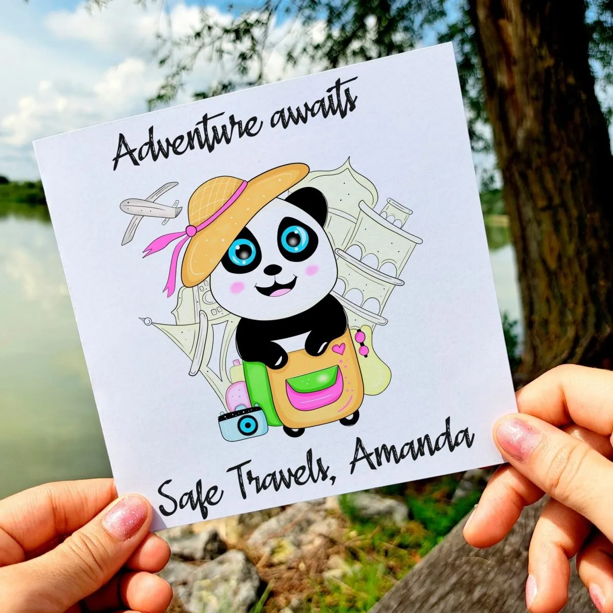 Safe Travels Greeting Card, Personalized Panda Trip Card with Custom Name & Message, Best Wishes Travel Card