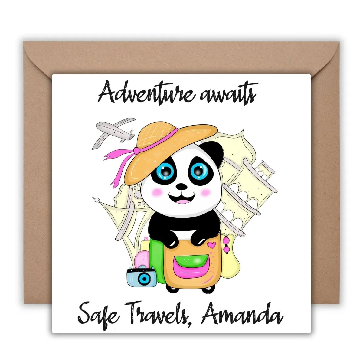 Safe Travels Greeting Card, Personalized Panda Trip Card with Custom Name & Message, Best Wishes Travel Card