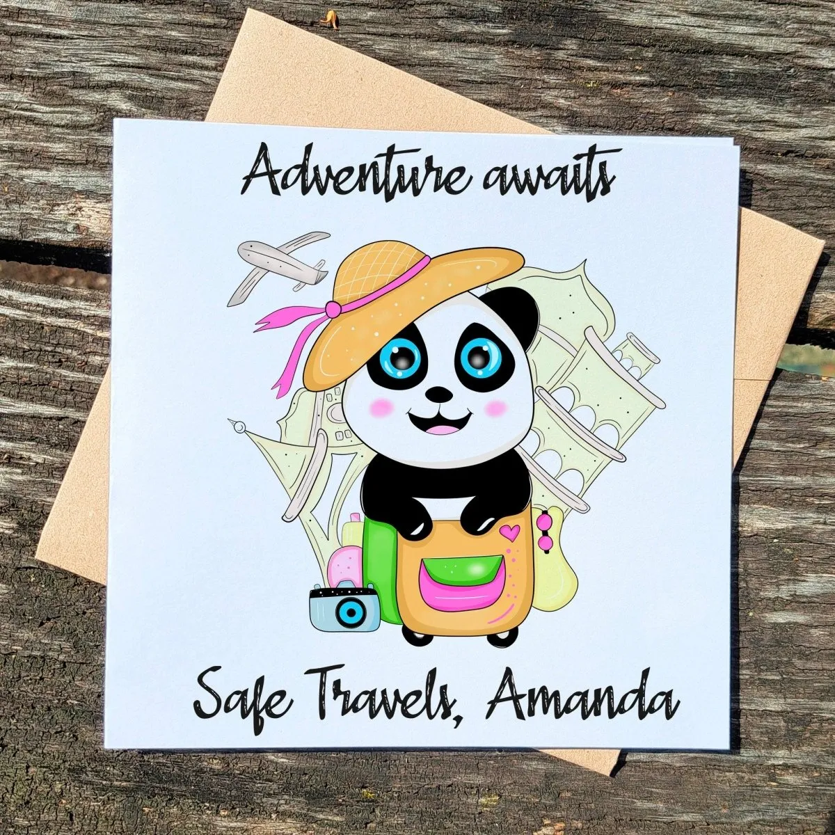 Safe Travels Greeting Card, Personalized Panda Trip Card with Custom Name & Message, Best Wishes Travel Card